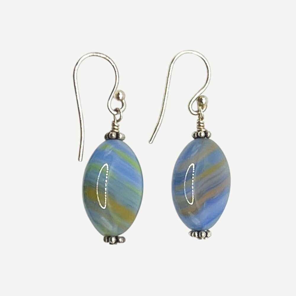 Handmade Glass Bead Earrings Blue Green Swirl Oval Dangle Sterling Silver Hooks